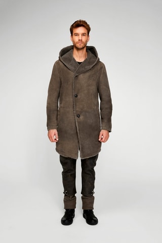 Manteau à capuche en cuir de mouton nubuck - Taupe