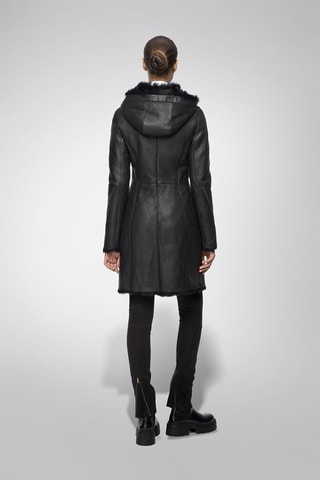 Manteau à capuche en peau lainée de mouton - Noir