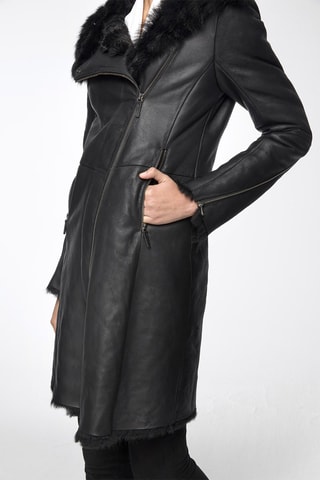 Manteau à capuche en peau lainée de mouton - Noir