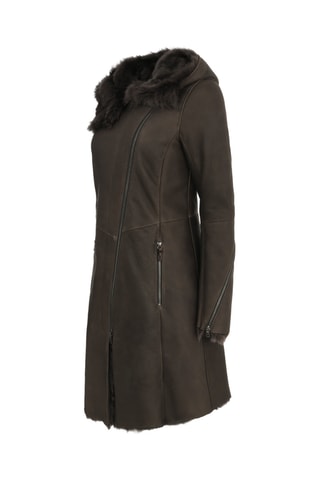Manteau à capuche en peau lainée de mouton - Marron