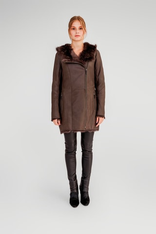 Manteau à capuche en peau lainée de mouton - Marron