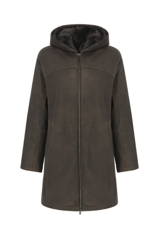 Manteau à capuche en peau lainée de mouton - Marron