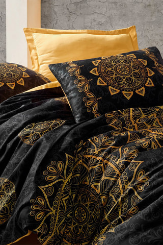 Conjunto de edredão em cetim de algodão 82 fios/cm² Alvina - Preto e amarelo