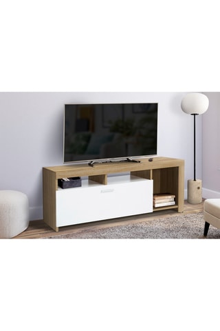 Meuble TV Maryse bois et blanc rangements multiples L110cm
