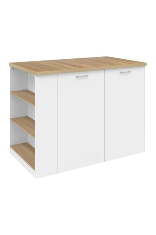 Ilot central de cuisine Dario L120cm bois et blanc avec rangements