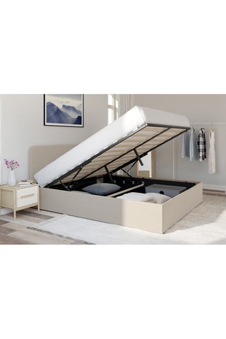 Lit coffre Louise en tissu beige avec sommier et tête de lit arrondie 160x200cm