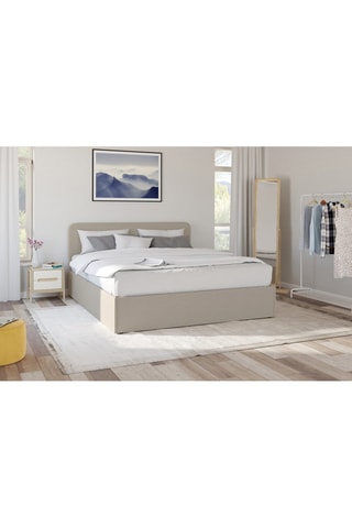 Lit coffre Louise en tissu beige avec sommier et tête de lit arrondie 160x200cm