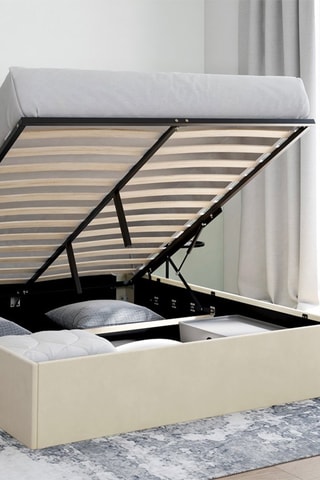 Lit coffre Louise en velours beige avec sommier et tête de lit arrondie 140x190cm