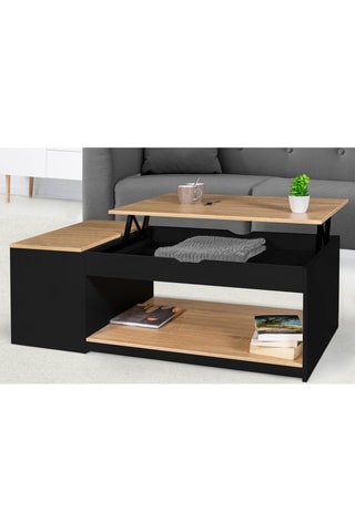 Table basse Elina avec plateau relevable et coffre latéral noir et bois L110cm