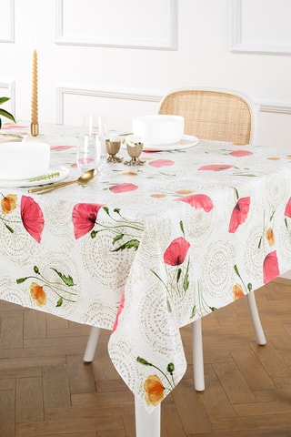 Nappe rectangulaire Pavot en fleur - Blanc cassé et rose