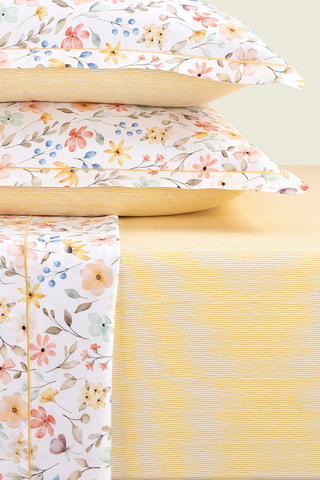 Drap-housse en satin de coton Lignes peintes - 80 fils/cm² - Blanc et jaune