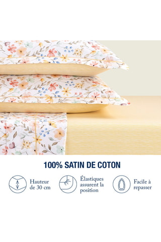 Drap-housse en satin de coton Lignes peintes - 80 fils/cm² - Blanc et jaune