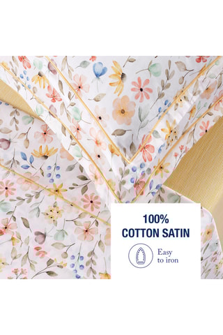 Parure de draps en satin de coton Fleurs d'été - 80 fils/cm² - Blanc et jaune