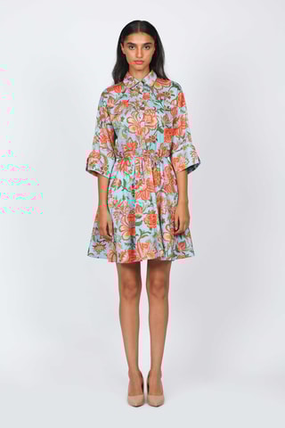 Vestido evasé - Turquesa y naranja