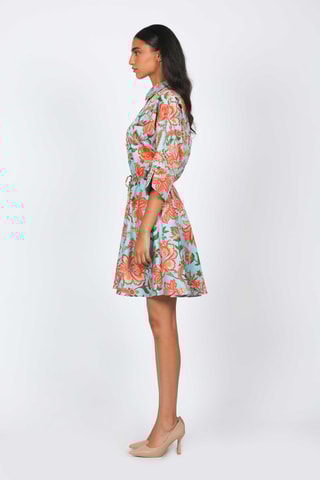 Vestido evasé - Turquesa y naranja