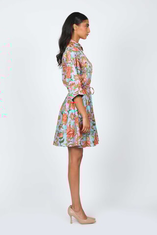 Vestido evasé - Turquesa y naranja