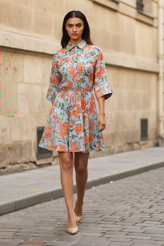 Vestido evasé - Turquesa y naranja