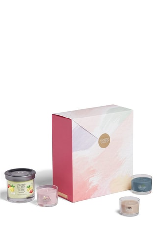 Coffret de 3 velas votivas em vidro e 1 vela copo - Ambre et bois de santal 5 mechas cedro marinho, orquídea selvagem e limonada de frutos vermelhos