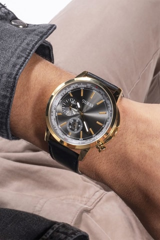 Montre à quartz en cuir - GMT - Noir et doré