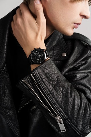 Montre à quartz en cuir London - Chronographe - Noir