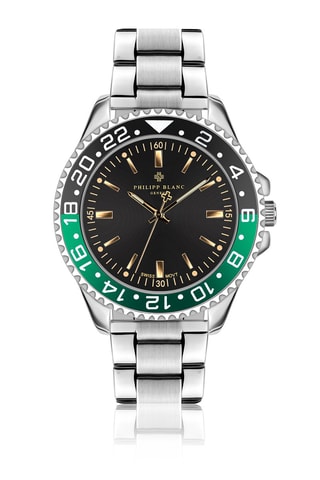 Coffret montre à quartz en plaqué ion argent et diamant et bracelets en cuir Olympe