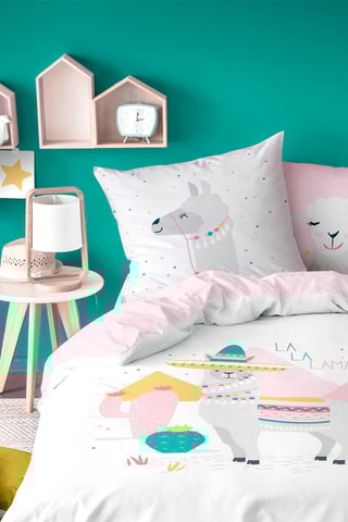 Parure de couette en coton 57 fils/cm² No drame lama - Blanc et rose