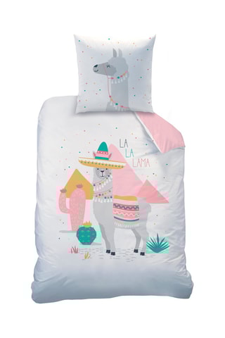 Parure de couette en coton 57 fils/cm² No drame lama - Blanc et rose