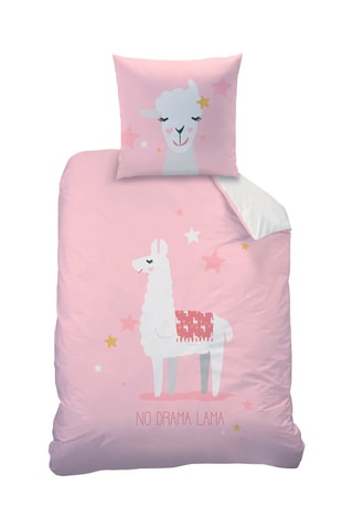 Parure de couette en coton 57 fils/cm² No drame lama - Blanc et rose