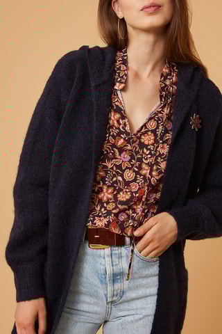 Gilet long à capuche en mohair et mérinos - Bleu