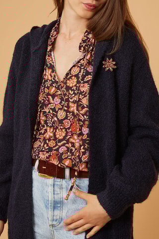 Gilet long à capuche en mohair et mérinos - Bleu