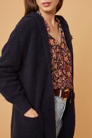 Gilet long à capuche en mohair et mérinos - Bleu