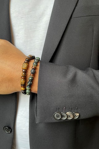 2 bracelets - Œils-de-tigre, turquoises et pierres de lave