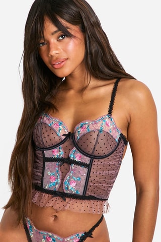 Crop top en tulle plumetis et dentelle - Noir