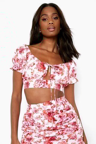 Crop top et minijupe taille haute - Blanc et rose
