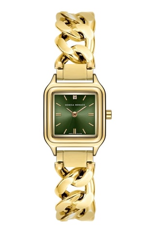 Stalen Quartz Horloge met Diamant - Goudkleurig en Groen