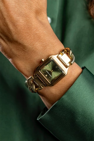 Stalen Quartz Horloge met Diamant - Goudkleurig en Groen