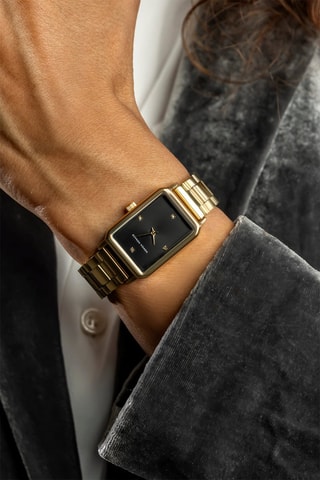 Stalen Quartz Horloge met Diamant - Goudkleurig en Zwart