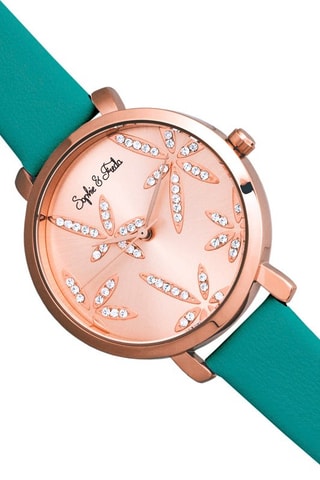 Leren Quartz Horloge met Swarovski Kristallen Key West - Turquoise en Roségoudkleurig