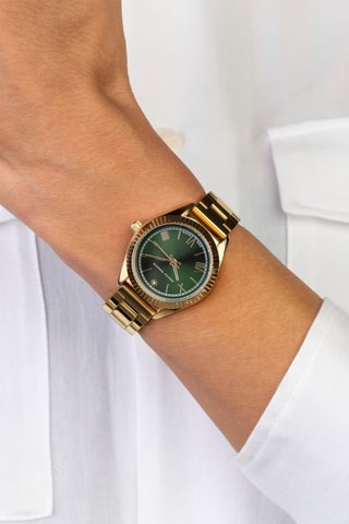 Stalen en Diamanten Quartz Horloge - Goudkleurig en Groen - Monica Monaco