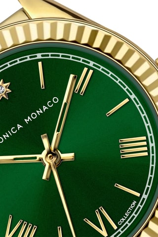 Stalen en Diamanten Quartz Horloge - Goudkleurig en Groen - Monica Monaco