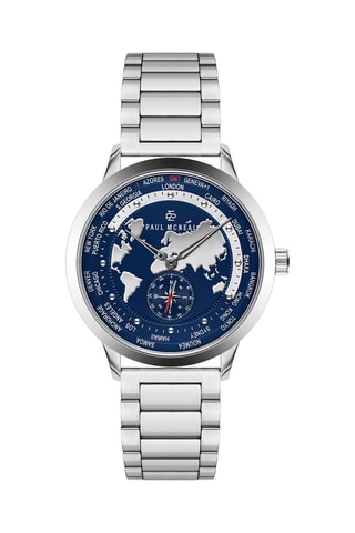 Stalen Quartz Horloge - GMT-functie - Kompas - Zilverkleurig en Marineblauw - Paul McNeal