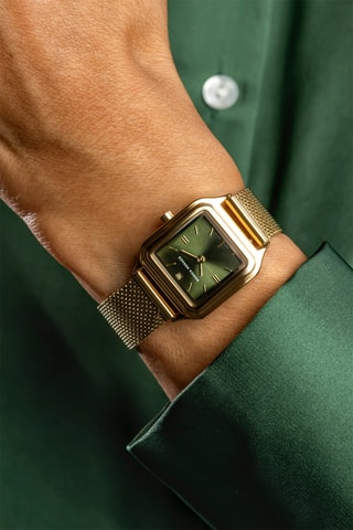 Stalen Quartz Horloge met Diamant - Goudkleurig en Groen