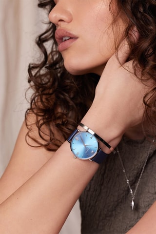Leren Quartz Horloge Blue Lagoon- Marineblauw en Zilverkleurig