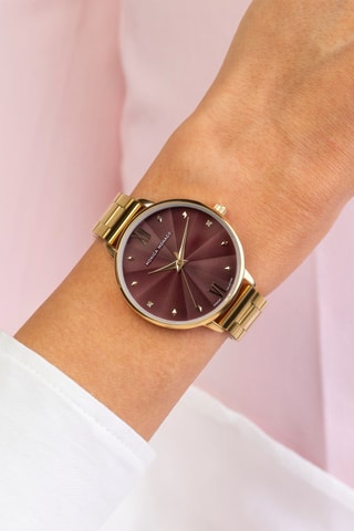 Stalen en Diamanten Quartz Horloge - Goudkleurig en Bordeauxrood - Monica Monaco - Monica Monaco