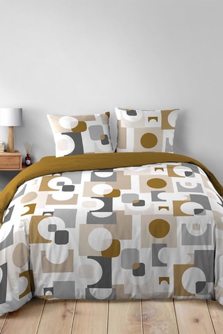 Parure de couette en polycoton 42 fils/cm² Geomelo - Gris et ocre