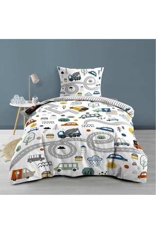 Parure de couette en coton Pti Bolide - Blanc et bleu