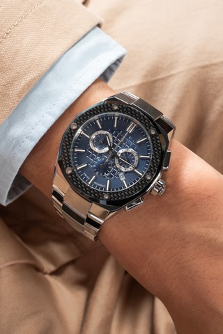 Montre à quartz en acier  - Chronographe - Argenté et noir