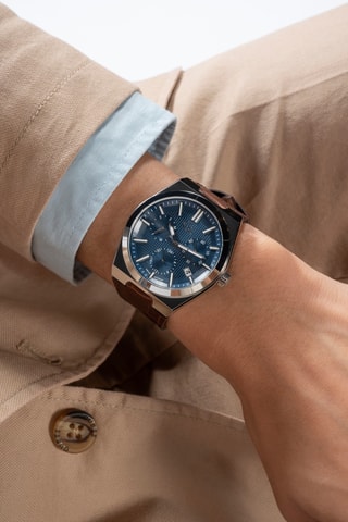 Montre à quartz en cuir véritable - Chronographe - Marron et argenté