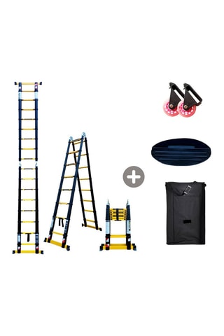 Echelle-escabeau télescopique Grafitek, housse de transport, tapis antidérapant et 2 roulettes de transport - 4,40 m et 2,20 m