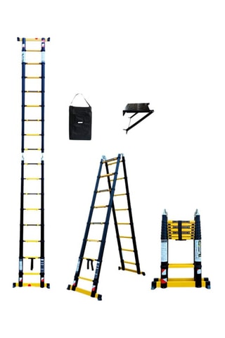 Echelle-escabeau télescopique Grafitek, housse de transport et plateforme pliante antidérapante - 5 m et 2,50 m